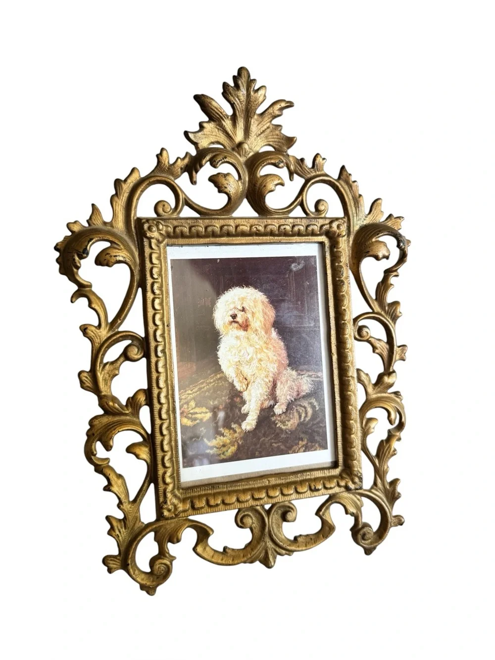 Antique Victorian Gold Cast Iron Ornate Filigree Picture Frame on Stand